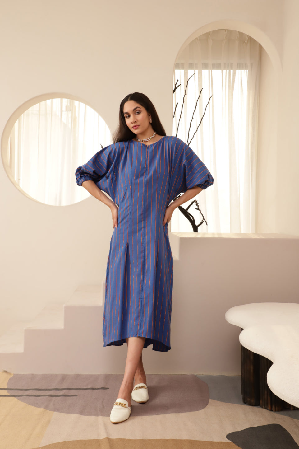 Baloon Sleeve Blue Striped Zip Neckline Dress