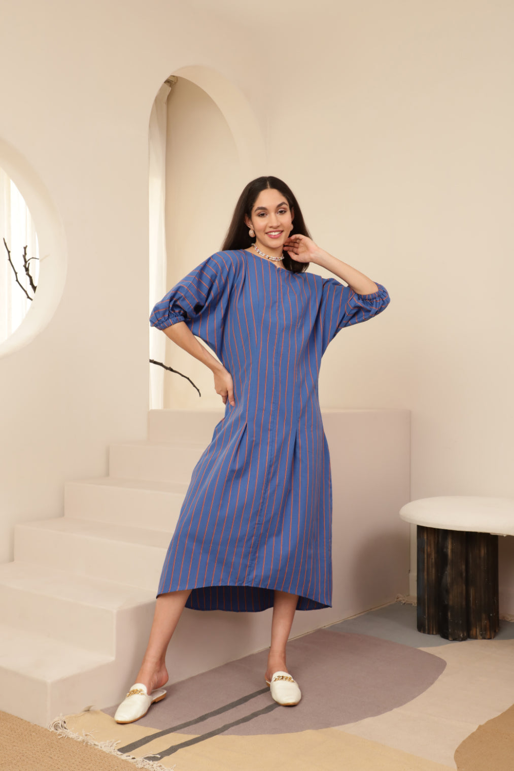 Baloon Sleeve Blue Striped Zip Neckline Dress