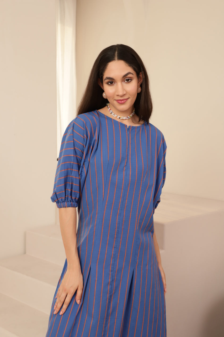 Baloon Sleeve Blue Striped Zip Neckline Dress