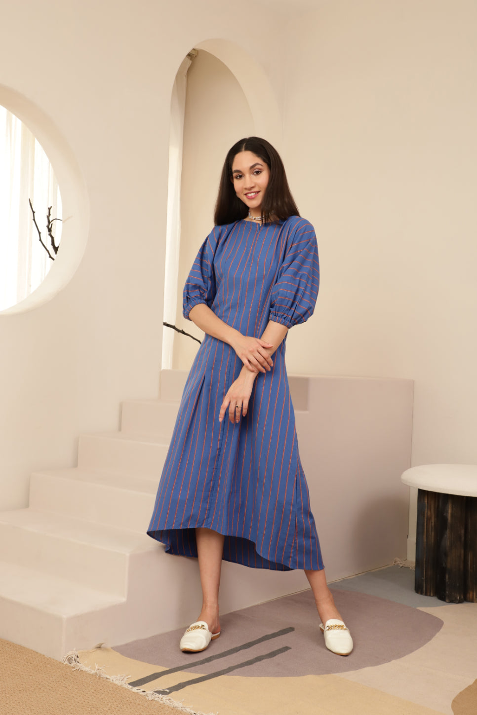 Baloon Sleeve Blue Striped Zip Neckline Dress