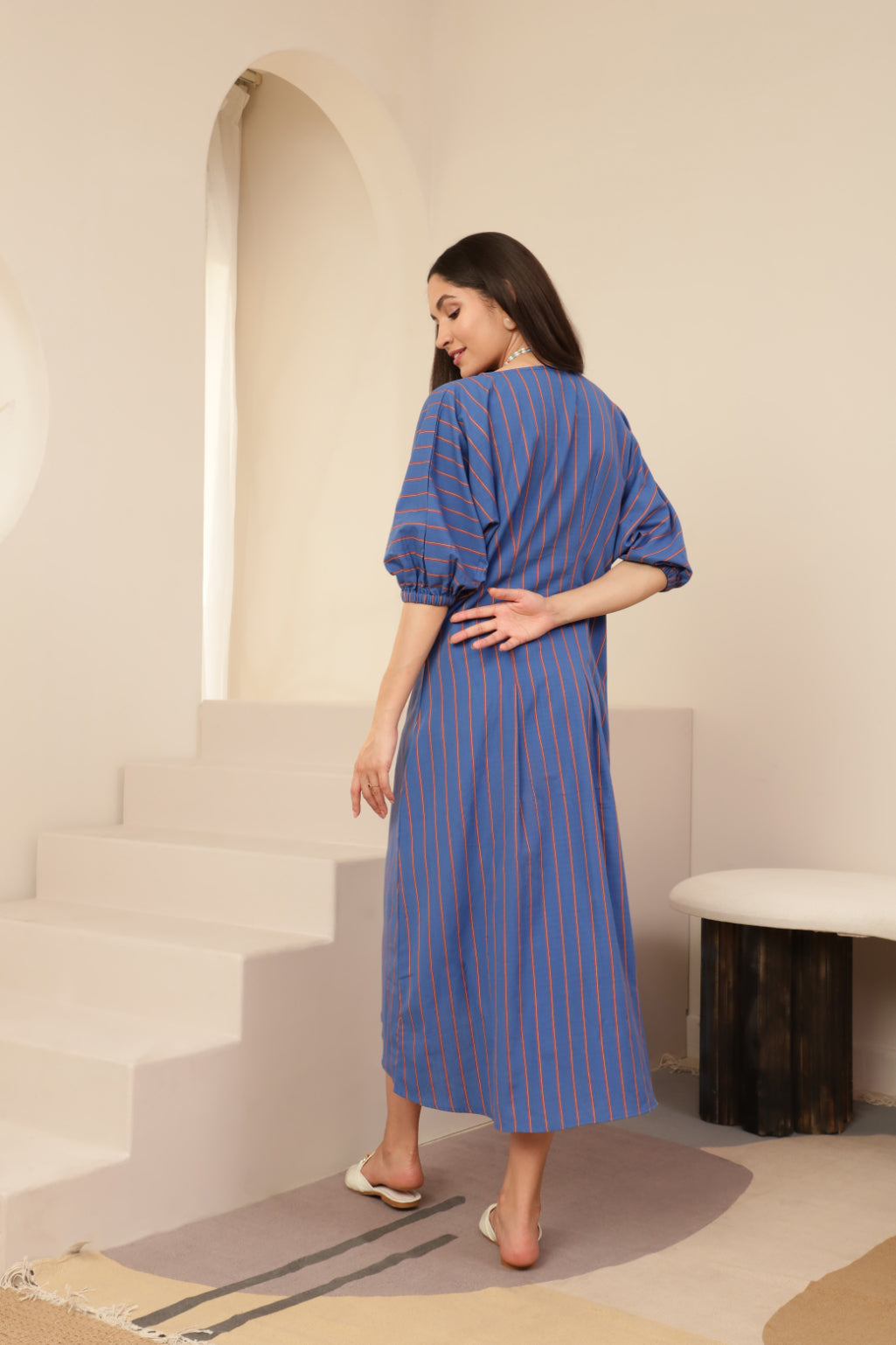 Baloon Sleeve Blue Striped Zip Neckline Dress